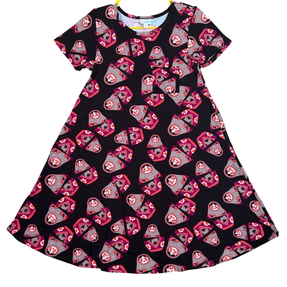 LuLaRoe Carly Dress XXS Black Pink Russian Nesting Doll Matryoshka Print Swing